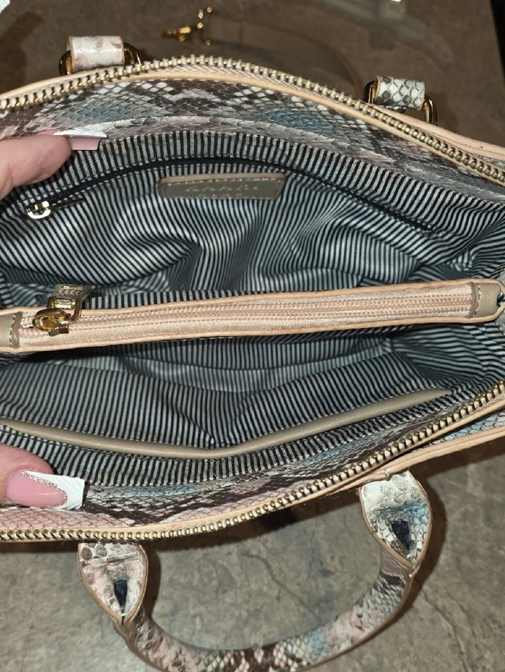 (J51) Kaari Blue Pink and Tan Snake-Print Crossbody Satchel